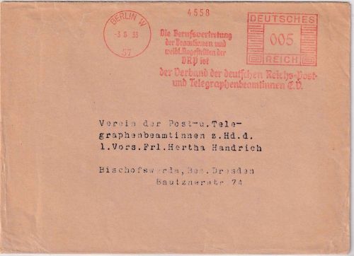 DR - Berlin W57 1933 5 Pfg. AFS "Berufsvertretung DRP" Drucksachenbrief