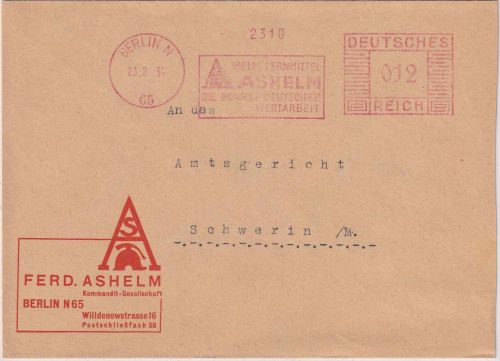 DR - Berlin N65 1934 12 Pfg. AFS "Ashelm Lernmittel" illustr. Firmenbrief