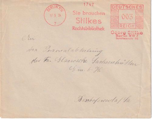 DR - Berlin NW7 1934 3 Pfg. AFS "Stilkes Rechtsbibliothek" Drucksachenbrief