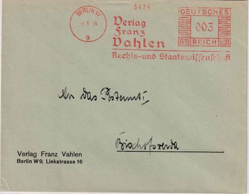DR - Berlin W9 1934 3 Pfg. AFS "Verlag Franz Vahlen" Drucksachenbrief