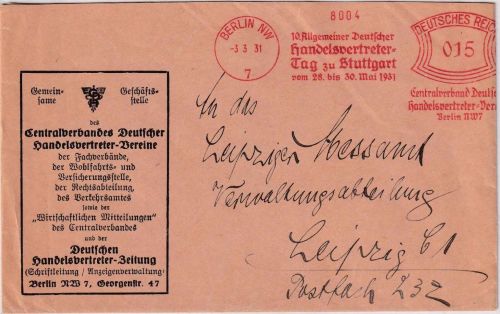 DR - Berlin NW7 1931 15 Pfg. AFS "10. Allg. Dt. Handelsvertreter-Tag" Brief