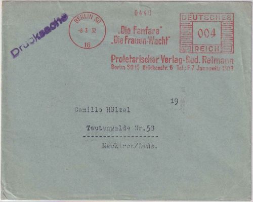 DR - Berlin SO16 1932 4 Pfg AFS "Proletarischer Verlag Reimann" Drucksachenbrief