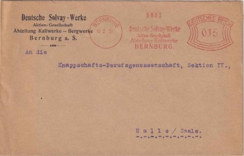 DR - Bernburg a/S. 1931 15 Pfg AFS "Deutsche Solvay Werke" Brief n. Halle