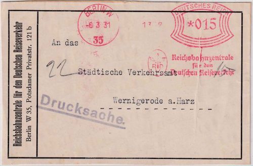 DR - Berlin W35 1931 15 Pfg AFS "Reichsbahnzentrale Reiseverkehr" Drucksache-Vds