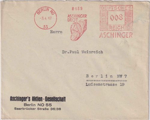 DR - Berlin NO55 1937 8 Pfg AFS "Aschinger Brot" Ortsbrief