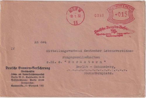 DR - Berlin W15 1932 15 Pfg AFS "Deutsche Beamten-Versicherung" Ortsbrief >20g