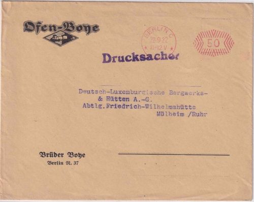 DR-Infla - Berlin C2 22.9.22 50 Pfg. Postfreistempel illustr. Firmendrucksache