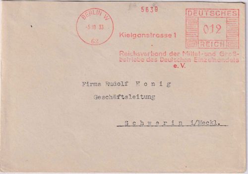 DR - Berlin W62 1933 12 Pfg. AFS "Reichsverband Einzelhandel" Brief n. Schwerin