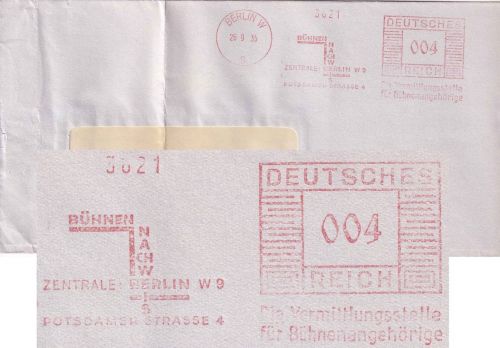 DR - Berlin W9 1935 4 Pfg. AFS "Vermittlungsstelle Bühnenangehörige" Drucksache