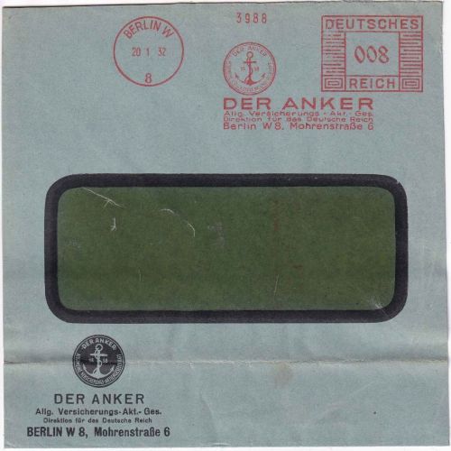 DR - Berlin W8 1932 8 Pfg. AFS "Der Anker" Ortsbrief/Fensterkuvert