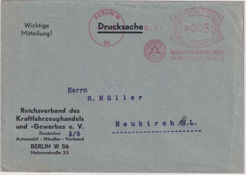 DR - Berlin W56 1930 5 Pfg. AFS "Reichsverband Kfz-Handel" Drucksachenbrief