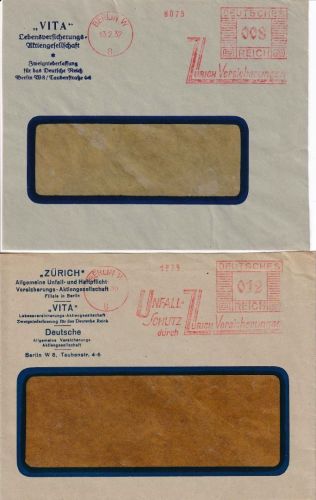 DR - Berlin W8 56 1932/33 8+12 Pfg. AFS "Zürich Versicherungen" 2 Briefe