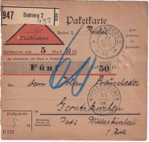 Bayern - Bamberg 2 unfreie Nachnahme-Paketkarte n. Geratskirchen 1916 Nachporto