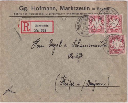 Bayern - 3x10 Pfg. Wappen Einschreibebrief Marktzeuln - Küps 1910