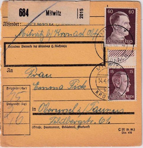 DR - 60+15 Pfg. AH Paketkarte Mitwitz ü. Kronach - Oberursel 1943