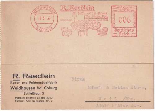 DR - Weidhausen b. Coburg 1939 6 Pfg. AFS "Raedlein Möbelfabrik" Karte n. Weil