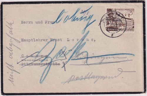 DR - 3 Pfg. Leipziger Messe Trauerdrucksache Coburg - Kitzingen 1940 Irrläufer