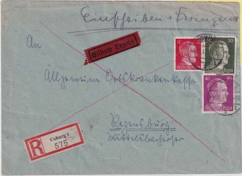 DR - 40+30+12 Pfg. AH Eil-Einschreibebrief Coburg - Regensburg 1943