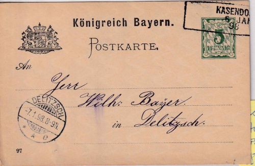 Bayern - Kasendorf 6. JAN 98 Aushilfs-Ra3 5 Pfg. Ganzsache n. Delitzsch