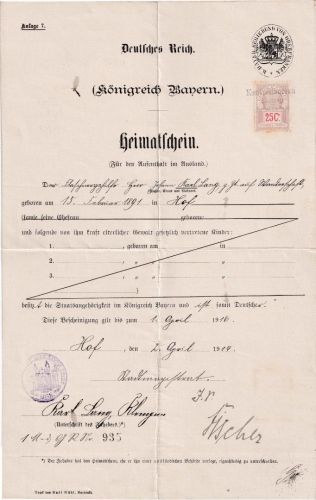 Bayern - Hof 1914 Heimatschein f.d. Aufenthalt im Ausland (Schweiz)