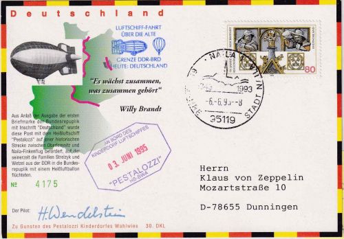 BRD - Naila 1995 Pestalozzi Luftschiffkarte n. Dunningen