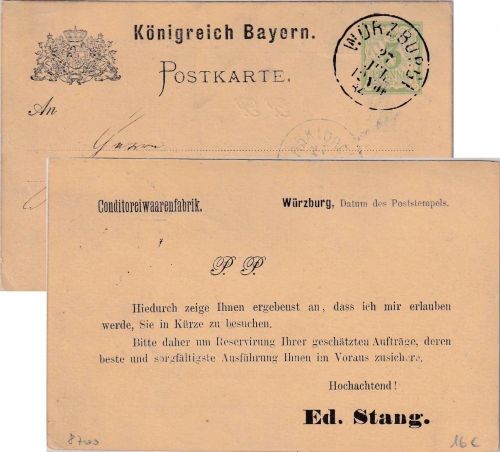 Bayern - 3 Pfg Rauten Ganzsache priv. Zudruck/Reiseavis Würzburg Marktbreit 1884