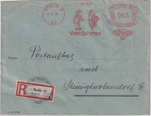 DR - Berlin N65 1930 62 Pfg. AFS "Ventilatoren" Einschreibebrief/Postauftrag