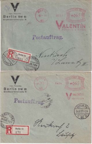 DR - Berlin SW61 1927/29 65 Pfg. AFS "Valentin Röhren u. Eisen" 2 Postaufträge