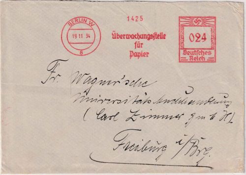 DR - Berlin W8 1934 12 Pfg. AFS "Überwachungsstelle f. Papier" Brief n. Freiburg