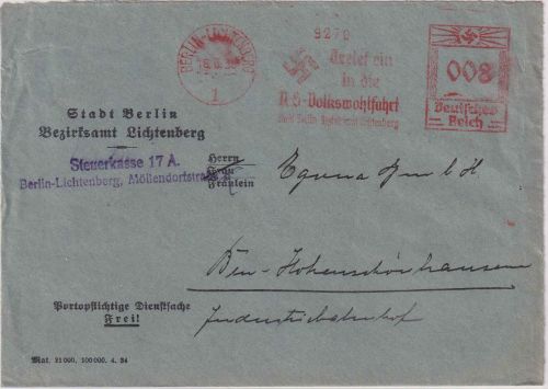 DR - Berlin-Lichtenberg 1935 8 Pfg. AFS "NS-Volkswohlfahrt" Ortsbrief