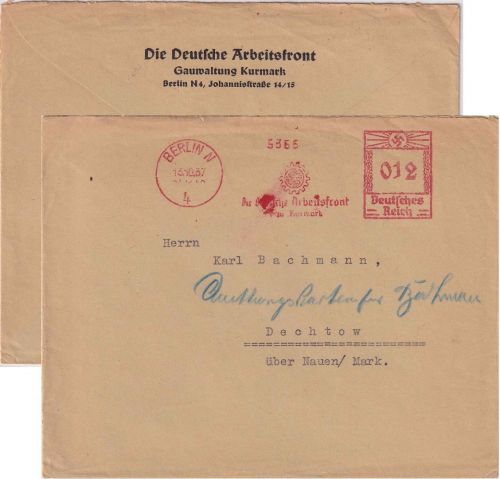 DR - Berlin N4 1937 12 Pfg. AFS "Deutsche Arbeitsfront" Brief n. Dachtow