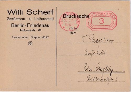 DR - Berlin-Schöneberg 28.3.27 3 Pfg. Postfreistempel Ortsdrucksache