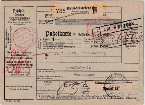 DR - Berlin-Schöneberg 1929 Gebühr bezahlt Paketkarte/Selbstbucher i.d. SCHWEIZ