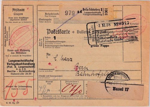 DR - Berlin-Schöneberg 19289 Gebühr bezahlt Paketkarte/Selbstbucher i.d. SCHWEIZ
