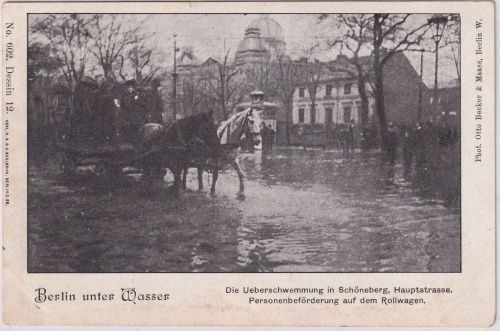 Berlin - Schöneberg Hauptstraße Überschwemmung Pferdefuhrwerk ungelaufen ca 1900