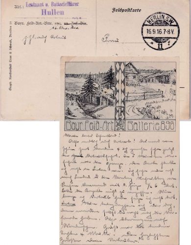 Bayern - Bayr. Feld-Art. Batterie 896 Feldpostkarte Berlin - Osterode 1916