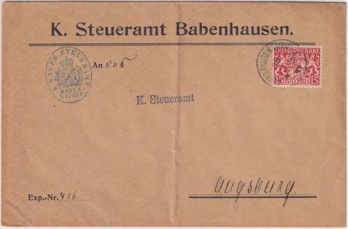 Bayern - 15 Pfg. Staatswappen c-Farbe ! Dienstbrief Babenhausen Augsburg 28.7.17