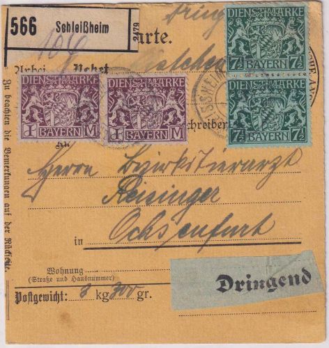 Bayern - 2x1 M.+2x7 1/2 Pfg. Staatswappen Dringend-Paketkarte Schleissheim 1919