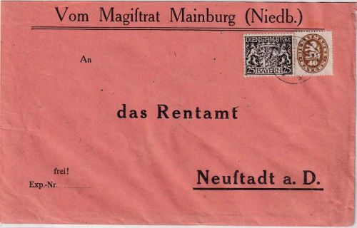 Bayern - 40 Pfg. Dienst-Abschied u.a. Brief Mainburg - Neustadt a/D. 16.5.20