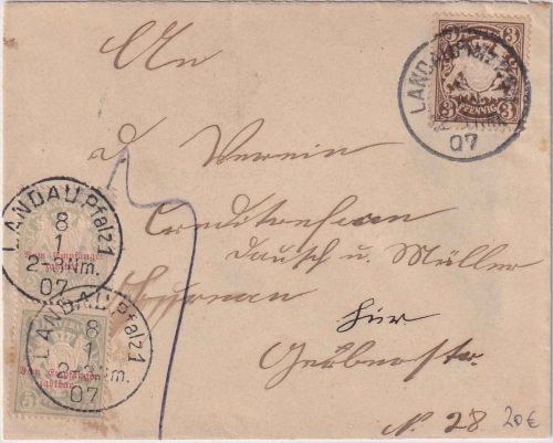 Bayern - 5+2 Pfg. Porto unterfrankierter Ortsbrief bis 15g Landau Pfalz 1907