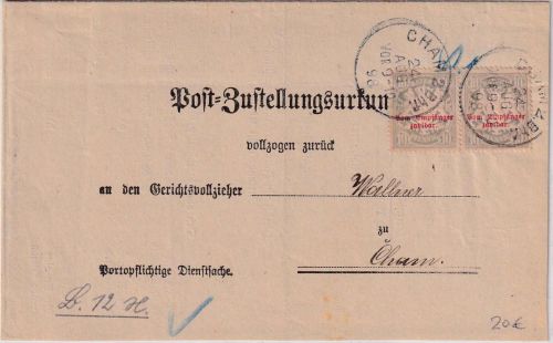 Bayern - 2x10 Pfg. Porto Orts-Zustellurkunde Cham 2 Bhf. 24. AUG. 98