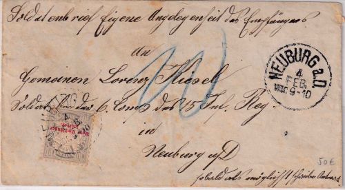 Bayern - 10 Pfg. Porto unfrankierter Orts-Soldatenbrief Neuburg a/D. ca. 1885