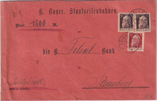 Bayern - 2x25+10 Pfg. Luitpold/E-Lochung Wertbrief Geiselhöring 9. NOV 14