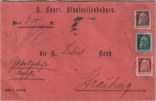 Bayern - 25+10+5 Pfg. Luitpold/E-Lochung Wertbrief Grafenau Straubing 24. JAN 15