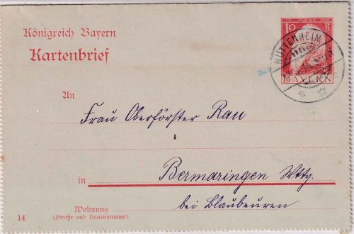 Bayern - Hüttenheim 17.6.14 10 Pfg. Luitpold Ganzsache/Kartenbrief n Bermaringen