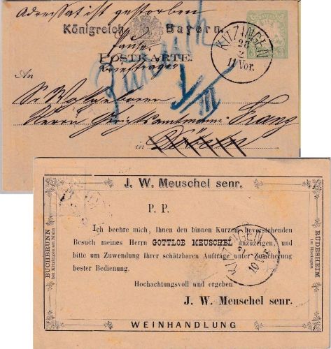 Bayern - 3 Pfg. Wappen Ganzsache/Zudruck Reiseavis Kitzingen/Rüdesheim ca. 1878
