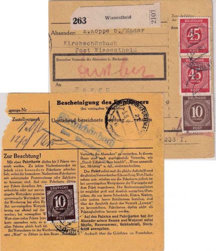 All.Bes. - Kirchschönbach ü. Wiesentheid Landpost-Ra2 Paketkarte n. FFM 1946