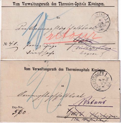 Bayern - Bad Kissingen 1884 2 unfrankierte Briefe n. Gars - versch. Nachporti !!