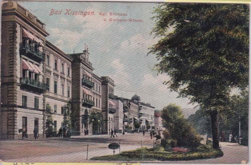 Bayern - Bad Kissingen Kurhaus u. Kurhaus-Straße farb. AK gelaufen 1913