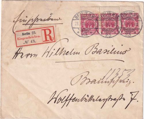 DR - 10 Pfg. K/A 3er-Streifen/Zwischenstegansätzen Einschreibebrief Berlin 1896